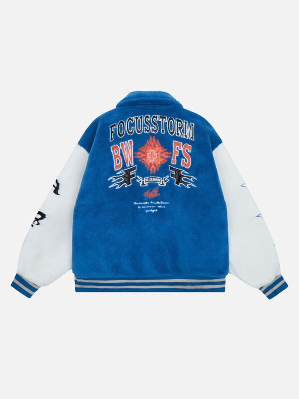 Hip-hop Loose Letters Embroidered Patch Faux Lambswool Jacket - 1590