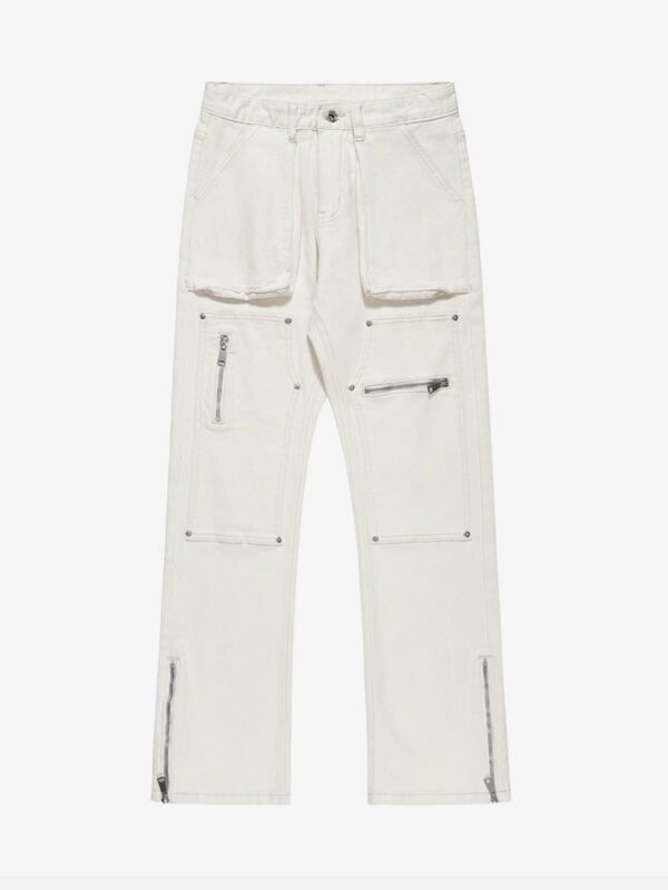 High Street Zipper Patchwork Pocket Denim Pants Straight Leg