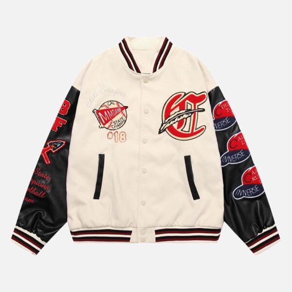American Patchwork PU Leather Sleeve Embroidered Alphabet Baseball Jacket