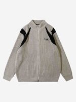 American Style Color Blocking Zipper Cardigan Sweater Loose Knit-1509