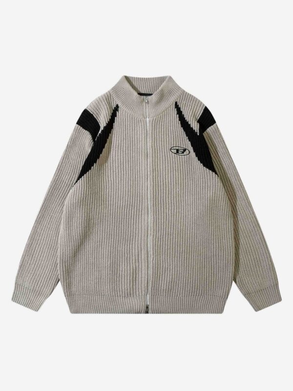 American Style Color Blocking Zipper Cardigan Sweater Loose Knit-1509